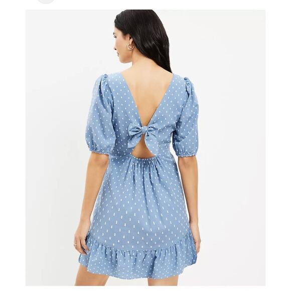 Ann Taylor LOFT Swiss Clip Dot Tie Back Flounce Swing Mini Dress Chambray Sz 12 - Picture 2 of 11